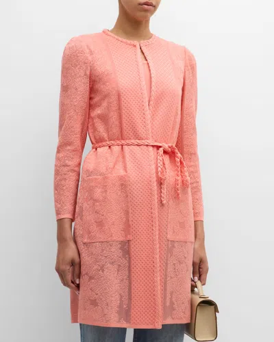 Misook Jacquard Ottoman Knit Tie Waist Jacket In Ocean Coral