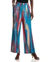 Misook Zipper Fly Brushtroke Woven Wide Leg Pant In Tidal Teal/multi
