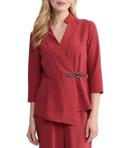 Misook Buckle Detail Crepe Wrap Blouse In Brown