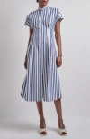 Misook Stand Collar Button Front Midi Dress In Dark Navy/white