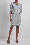 Misook Fringe Trim Shift Dress In White/black