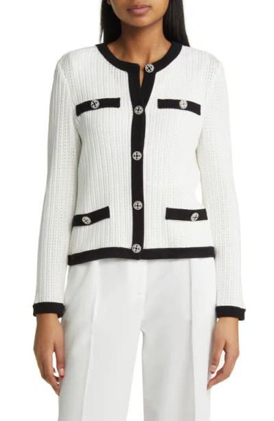 Misook Contrast Detail Cable Cardigan In White