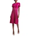 Misook Contrast Piping Jewel Neck A Line Dress In Pink Flash/white