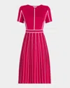 Misook Contrast Piping Jewel Neck A Line Dress In Pink Flash/white
