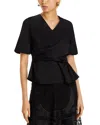 Misook Crossover Puff-sleeve Peplum Blouse In Black