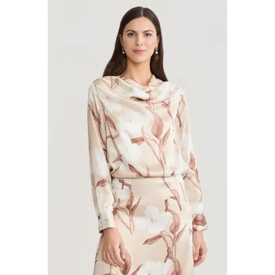 Misook Draped Neck Floral Print Silk Blouse In Neutral