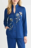 Misook Embroidered Crêpe De Chine Shirt In Blue