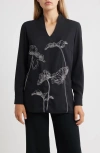 Misook Embroidered V Neck Blouse In Black