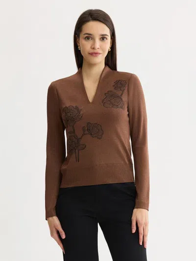 Misook Embroidered Metallic Knit Top In Mahogany/gold Lurex