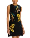 Misook Sleeveless Embroidered Knit Mini Dress In Black/ochre/multi
