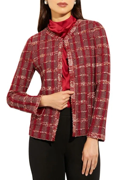 Misook Eyelash Tweed Knit Jacket In Red