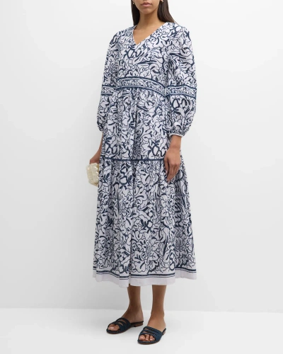 Misook Eyelet Floral-embroidered Cotton Midi Dress In Mazarinewhite