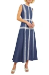 Misook Eyelet Trim Sleeveless Cotton Dress In Mazarine/white