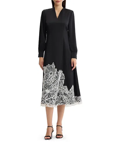 Misook Fit & Flare Lace Crepe De Chine Maxi Dress In Black