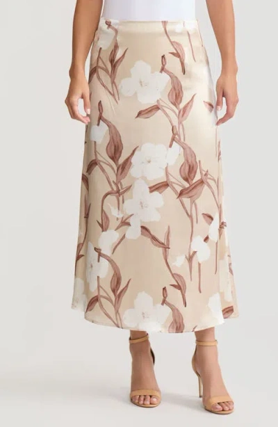 Misook Flared Floral Print Silk Maxi Skirt In Neutral