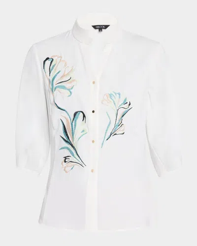 Misook Floral-embroidered Crepe De Chine Blouse