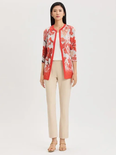 Misook Floral Jacquard Flat Knit Jacket In Cherry/peach/ivory