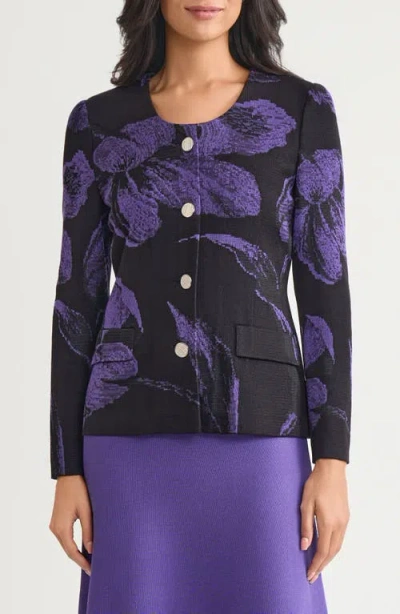 Misook Floral Jacquard Knit Jacket In Black