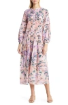 Misook Floral Drop Waist Balloon Sleeve Midi Dress In Rose P/multi