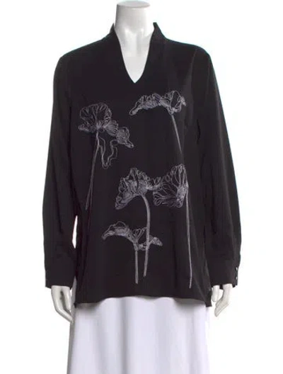 Pre-owned Misook Floral Print V-neck Blouse W/ Tags In Black/white