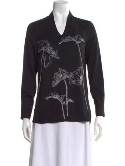 Pre-owned Misook Floral Print V-neck Top W/ Tags In Black/white