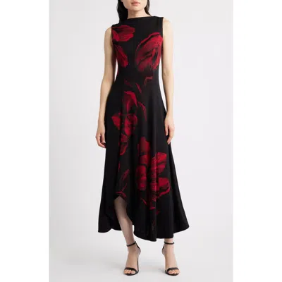 Misook Floral Sleeveless Fit & Flare Maxi Dress In Scarlet Red/black