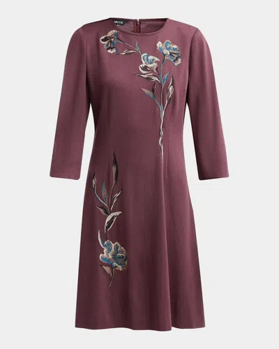 Misook Floral-embroidered A-line Minidress In Mahogany/m
