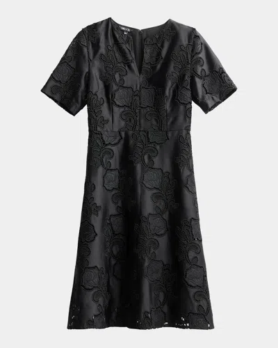 Misook Floral-embroidered Knee-length Dress In Black