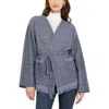 Misook Tie-waist Fringe-trim Intarsia Knit Tweed Jacket In Oceanic/white/black