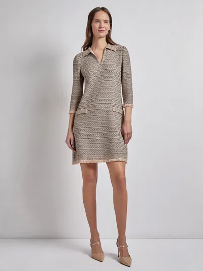 Misook Fringe Trim Intarsia Knit Shift Dress In Black/sand/biscotti