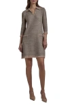 Misook Fringe Trim Intarsia Knit Shift Dress In Black/sand/biscotti