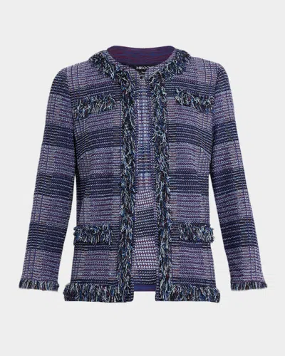 Misook Fringe-trim Plaid Tweed Jacket In Blue