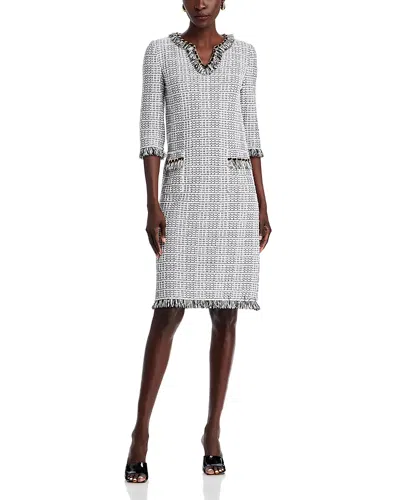 Misook Fringe Trim Shift Dress In White/black