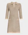 Misook Fringe Trim Intarsia Knit Shift Dress In Black/sand/biscotti