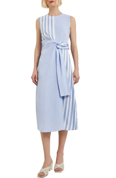Misook Front Twist Cotton & Linen Midi Dress In Blue/ivory