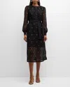 Misook Belted Long Sleeve Grommet Lace Midi Dress In Black