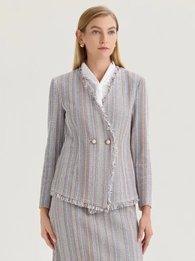 Misook Heritage Asymmetrical Fringe Trim Knit Jacket In Gray