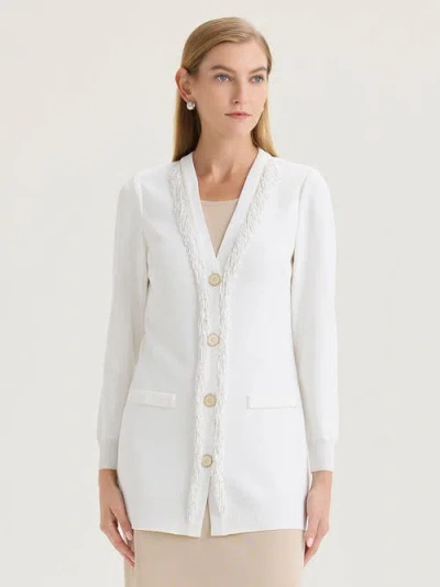 Misook Heritage Beaded Trim Flat Knit Cardigan In White