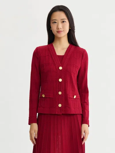 Misook Heritage Braided Trim Knit Cardigan In Scarlet Red