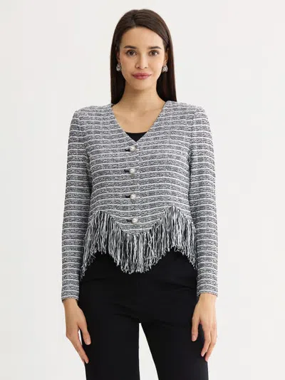 Misook Heritage Chevron Fringe Trim Tweed Knit Jacket In Gray
