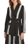 Misook Belted Eyelet-trim Twill Jacket In Black/white