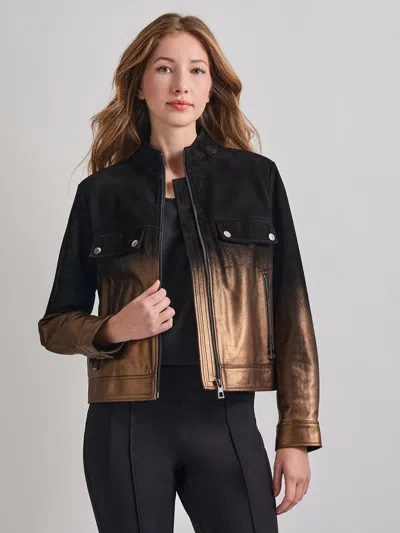 Misook Heritage Fit Gold Ombre Suede Leather Trucker Jacket In Black/gold