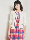 Misook Heritage Contrast-trim Intarsia Ribbed Soft Knit Jacket In White