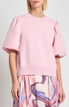 Misook Heritage Fit Puff-sleeve Mixed Media Top In Soft Blush