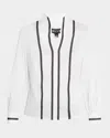 Misook Heritage-fit Ribbon Trim Stretch Cotton Blouse In Black/white