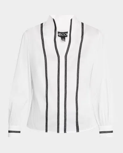 Misook Heritage-fit Ribbon Trim Stretch Cotton Blouse In Black/white