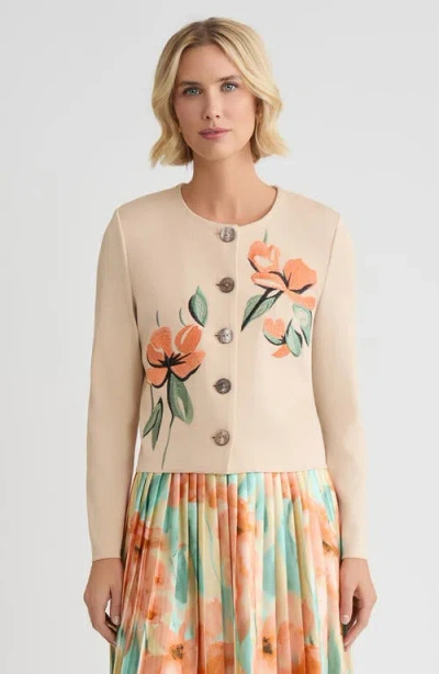 Misook Heritage Floral Embroidered Flat Knit Cardigan In Neutral