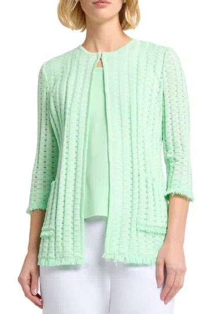 Misook Heritage Fringe-trim Tonal Burnout Knit Jacket In Green