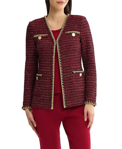 Misook Heritage Lurex Gold Trim Tweed Knit Jacket In Burgundy
