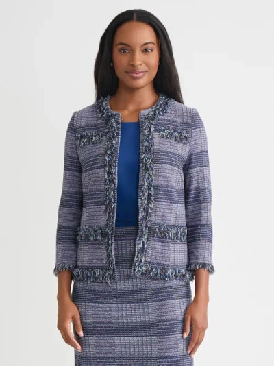 Misook Heritage Plaid Fringe Trim Knit Jacket In Black